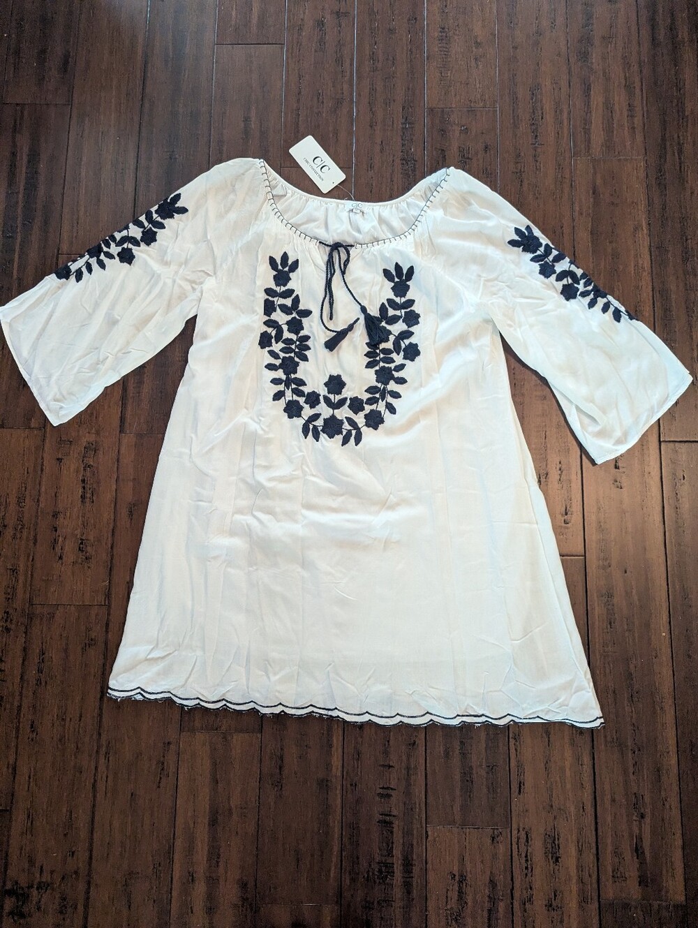 NWT CC Boho Beach White Blue Embroidered Tassel Tunic Dress - Size 3X